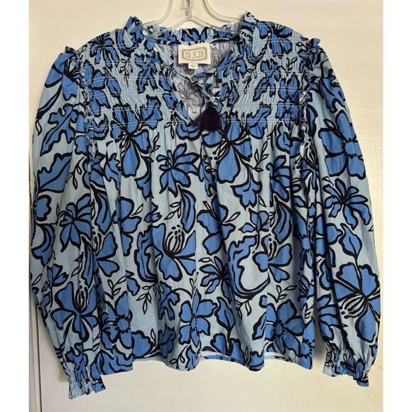 Sail to Sable Fall Floral Long Sleeve Tassel Front Top - Omphalodes/Blue Size L - Picture 5 of 8